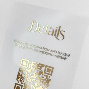 Tarjeta de detalles de boda personalizada con lámina de oro, inserto de información para invitados, alojamiento, recepción, ceremonia, direcciones, vestimenta, obsequios, etc.