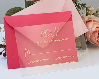 Gold Foil Clear Acrylic RSVP Card with Handwritten Script Font. Wedding Invitation Response Insert - Vellum, Black or White Cardstock.