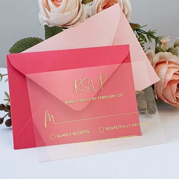 Gold Foil Clear Acrylic RSVP Card with Handwritten Script Font. Wedding Invitation Response Insert - Vellum, Black or White Cardstock.