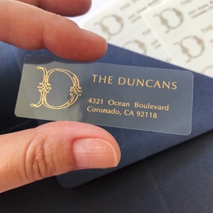 Benutzerdefinierter Rücksende-Adressaufkleber, Goldfolie-personalisierter Aufkleber, Familienname-Initiale, Monogramm-Stempel, Hochzeitsumschlag-Adressierung