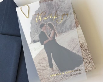 Wedding Thank You Vellum Card with Gold Foil. Semi Transparent, Frosted Layered Card with Bride and Groom Photo Backing - Rose Gold, Silver