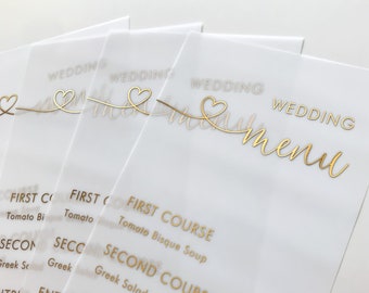 Gold Foil Vellum Wedding Menu with Calligraphy Script and Heart. Custom Menu Printed on Vellum, White or Black Card Stock, Rose Gold, Silver