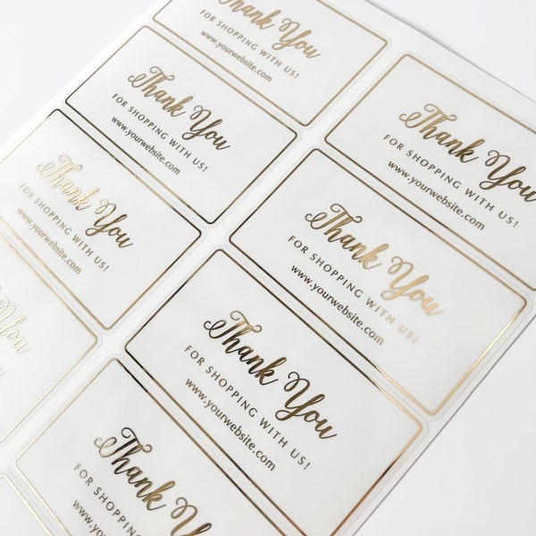 Custom Text Gold Foil Clear Label, Thank You Sticker, Luxury Business Packaging or Wedding Gift Bag, Rose Gold, Silver, Holographic Rainbow