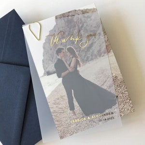 Wedding Thank You Vellum Card with Gold Foil. Semi Transparent, Frosted Layered Card with Bride and Groom Photo Backing Rose Gold, Silver image 1