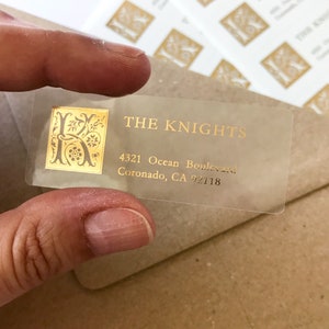 Klare Rücksendeadresse Etikett, Goldfolie Benutzerdefinierte Aufkleber, Familienname Brief, Monogramm Briefmarke, personalisierte Hochzeitsumschlag Adressierung