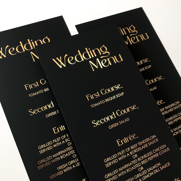 Black & Gold Wedding Menu, Custom Menu Card with Modern Font Printed on Vellum, White / Black Card Stock with Gold, Rose Gold or Silver Foil
