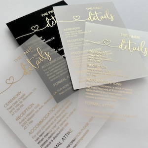 Tarjeta de detalles de boda personalizada con lámina de oro, información para invitados, alojamiento, recepción, ceremonia, instrucciones, atuendo, obsequios