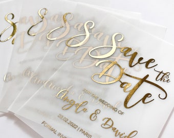 Carte et enveloppe "Retenez cette date" en vélin de luxe. Faire-part de mariage en feuille d'or, argent, or rose, noir. Invitation élégante faite sur commande de fête d'anniversaire.