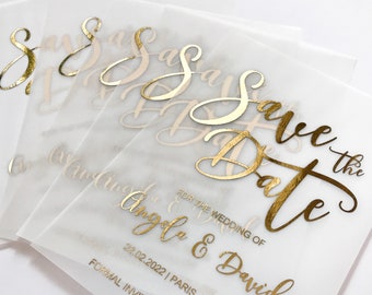 Luxury Vellum Save the Date Card & Envelope. Gold Foil Wedding Invitation, Silver, Rose Gold, Black. Custom Elegant Birthday Party Invite.