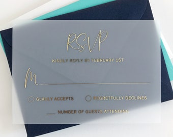 Vellum RSVP Card with Gold Foil and Handwritten Script. Wedding Invitation Response Insert - Clear Acrylic, Black or White Cardstock.