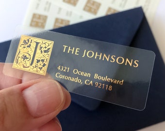 Gold Foil Return Address Label, Custom Sticker, Family Name Initial, Monogram Mailing Stamp, Wedding Envelope Addressing - Rose Gold, Silver