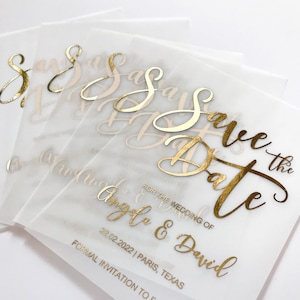 Luxury Vellum Save the Date Card & Envelope. Gold Foil Wedding Invitation, Silver, Rose Gold, Black. Custom Elegant Birthday Party Invite.