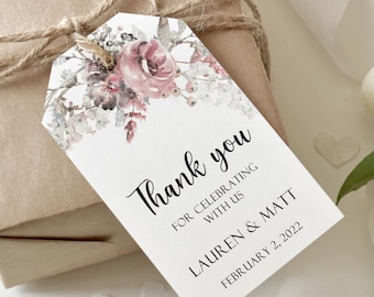 Burgundy Floral Wedding Favor Tag, Personalized Watercolor Flowers, Custom Thank You Tag, Bridal Shower Gift Label, Wedding Welcome Tag.