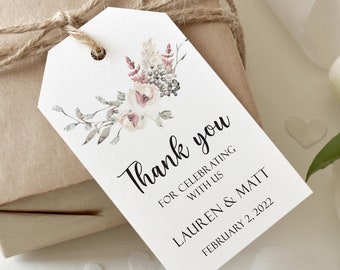 Personalized Floral Wedding Favor Tag, Watercolor Burgundy Flowers Gift Label, Custom Thank You Tag.