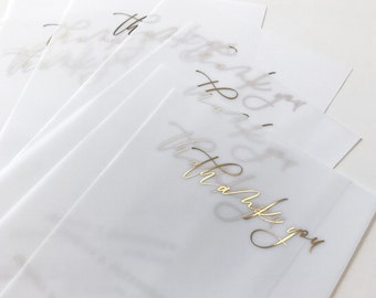 Vellum Wedding Thank You Card with Gold Foil. Semi Transparent, Frosted Look with Bride and Groom names in Gold, Rose Gold, Silver or Black