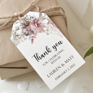 Burgunderroter Blumen-Hochzeits-Bevorzugungs-Anhänger, personalisierte Aquarell-Blumen, personalisiertes Dankeschön-Tag, Brautparty-Geschenketikett, Hochzeit-Willkommens-Tag.