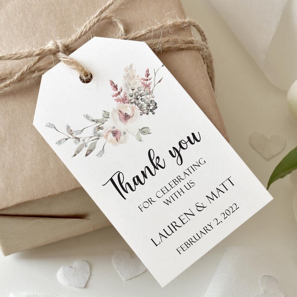 Personalized Floral Wedding Favor Tag, Watercolor Burgundy Flowers Gift Label, Custom Thank You Tag.