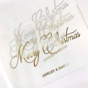 Gold Foil Merry Christmas Vellum Greeting Card. Personalized Family Signature, Couple Names or Business. Season's Greetings, Happy New Year