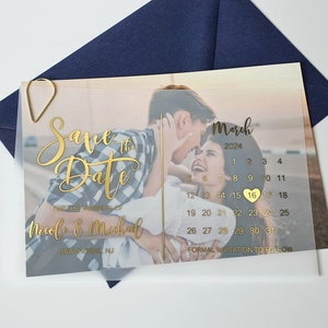 Calendar Save the Date Gold Foiled Vellum Photo Card. Custom Wedding Invitation with Couple's Photo. Gold, Silver, Rose Gold or Black ink
