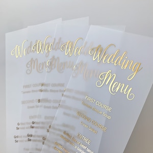 Menu de casamento de luxo em folha de ouro, decoração de mesa personalizada e personalizada. Impresso em papel velino, papel cartão branco ou preto. Folha de ouro, ouro rosa ou prata