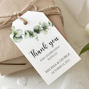 Etiqueta de lembrança de casamento de eucalipto, etiqueta de agradecimento com folhagens em aquarela, etiqueta de presente com folhas verdes botânicas, etiqueta de festa personalizada para chá de panela.