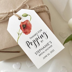 Etiqueta de lembrancinha de papoula, etiqueta de agradecimento com flores vermelhas em aquarela, etiqueta de presente para chá de panela, etiqueta personalizada para festa de casamento - Obrigado por aparecer!.