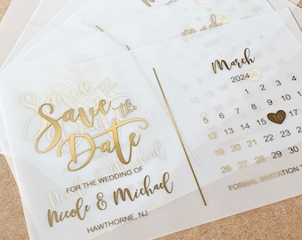 Calendrier feuille d'or, carte « Save the Date » et enveloppe en vélin. Faire-part de mariage de luxe, argent, or rose, noir. Invitation élégante faite sur commande de partie.