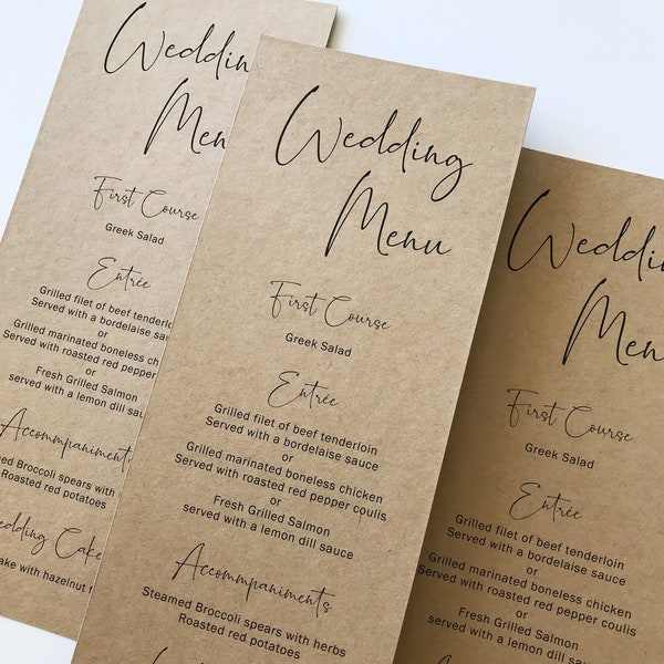 Kraft Card Stock Wedding Menu, Personalized Custom Menu Card with Modern Calligraphy Script. Rustic / Vintage Barn Wedding Theme Menu