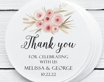 Personalized Roses Wedding Favor Sticker, Watercolor Floral Label, Bridal Shower Thank You Sticker, Elegant Pink Rose Style.