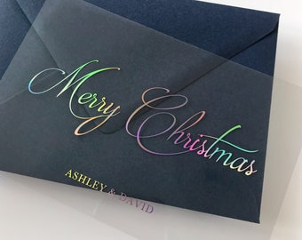 Personalized Merry Christmas Clear Acrylic Card with Silver Holographic Foil. Transparent Season's Greetings & Holiday Card with Signature.