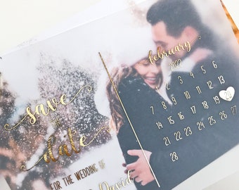 Save the Date Gold Foiled Vellum Photo Card. Custom Wedding Invitation with Couple's Photo. Gold, Silver, Rose Gold, Black ink