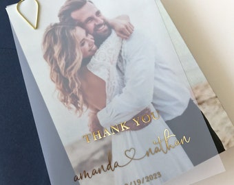 Vellum Wedding Thank You Card with Gold Foil. Semi Transparent Frosted Layered Thank You Card with Couple's Photo - Rose Gold, Silver, Gold