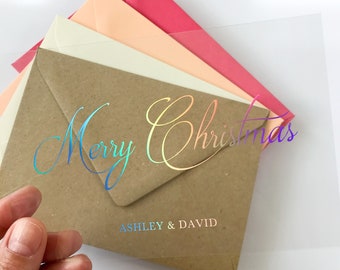 Clear Acrylic Merry Christmas Greeting Card with Silver Holographic Foil with Rainbow Effect and Personalized Signature. Couple, Family Name