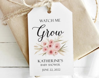 Blush Pink Roses Baby Shower Favor Tag, Personalized Watch me Grow Floral Gift Tag, Custom Baby Girl Flowers Welcome or Thank You Label.