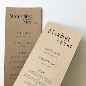 Modern Kraft Card Stock Wedding Menu, Personalized Custom Menu Card - Tea Length. Vintage / Rustic Barn Wedding Menu, Birthday, Anniversary