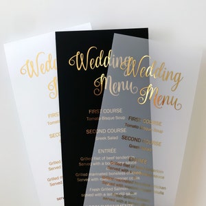 Luxus Goldfolie Hochzeitsmenü, Personalisierte Benutzerdefinierte Tischdekoration. Gedruckt auf Pergament, Weiß oder Schwarz Karton. Gold, Rose Gold oder Silber Folie