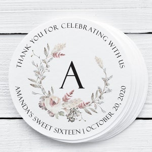 Pegatina de agradecimiento floral, etiqueta con flores de acuarela, pegatina de agradecimiento floral para dulces dieciséis, estilo elegante, etiqueta redonda para fiesta de cumpleaños.