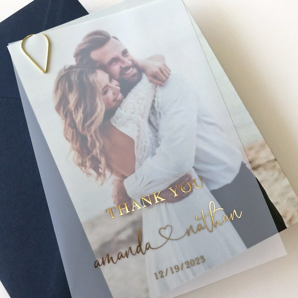 Vellum Wedding Thank You Card with Gold Foil. Semi Transparent Frosted Layered Thank You Card with Couple's Photo - Rose Gold, Silver, Gold