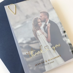 Hochzeit Dankeskarte mit Goldfolie. Semi Transparent Frosted Pergamentkarte mit Paar 's Photo - Roségold, Silber, Gold