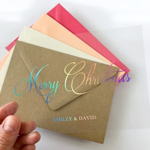 Clear Acrylic Merry Christmas Greeting Card with Silver Holographic Foil with Rainbow Effect and Personalized Signature. Couple, Family Name