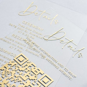 Tarjeta de detalles de boda personalizada con lámina de oro, información para invitados, alojamiento, recepción, ceremonia, instrucciones, atuendo, obsequios