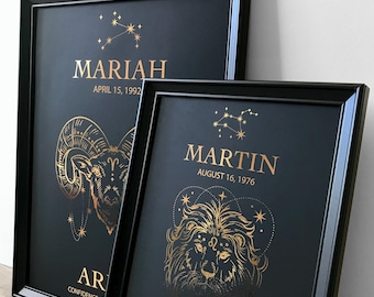 Zodiac Birthday Gift • Personalized Star Sign Print with Name • Gold Foil Astrology Wall Art