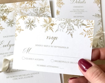 Christmas Wedding RSVP Cards with Gold Snowflakes • Winter Reply Insert • Mini Response Cards