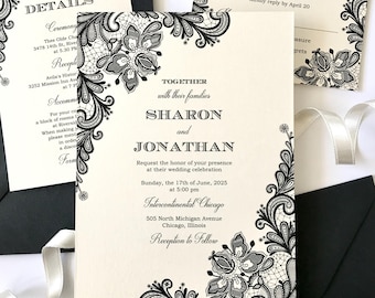 Lace Wedding Invitation Set • Black Print on Ivory Pearl Shimmer Cardstock • RSVP & Details Cards