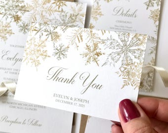 Gold Snowflake Wedding Thank You Cards • Winter Mini Folded Card with Envelope