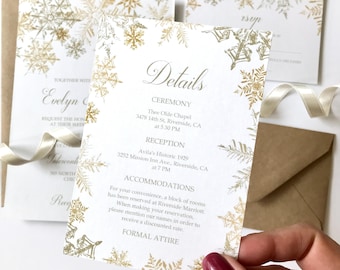 Gold Snowflakes Wedding Details • Winter Wedding Information Card • Elegant Christmas Invitation Insert •