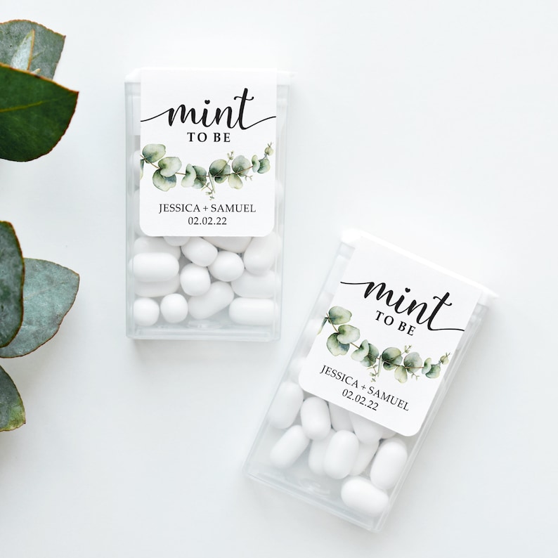 Eucalyptus Personalized Mint to Be Wedding Favor Sticker, Custom Candy Label with Green Watercolor Greenery. MINTS NOT INCLUDED image 2