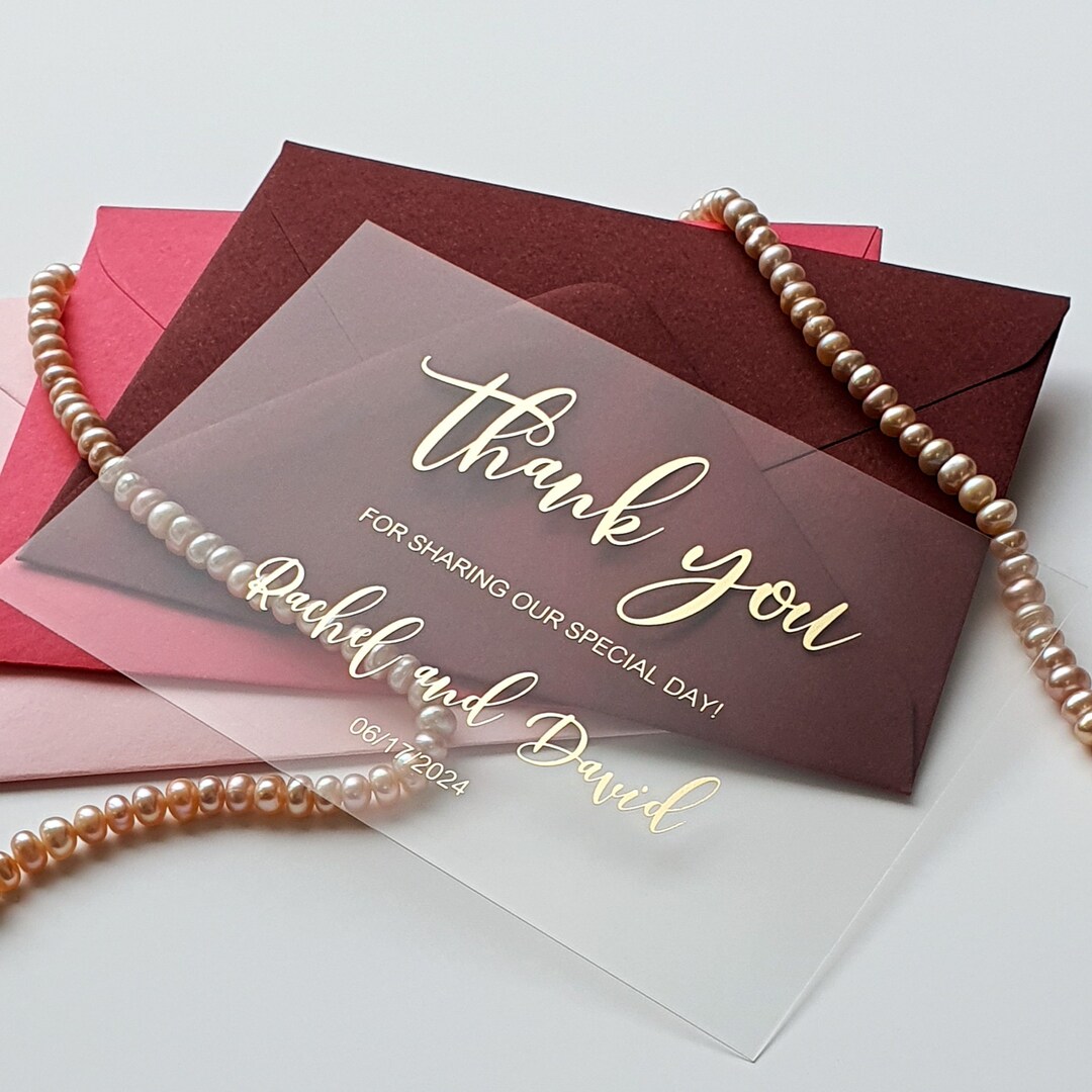 Gold Foil Vellum Thank You Card & Envelope. Wedding Invitation Insert