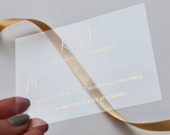 Clear Acrylic RSVP Card with Gold Foil and Handwritten Script. Wedding Invitation Response Insert - Vellum, Black or White Cardstock.