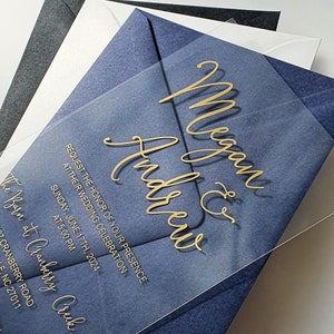 Faire-part de mariage en acrylique transparent avec feuille d'or. Invitation de luxe avec feuille d'or rose, d'argent ou holographique image 2